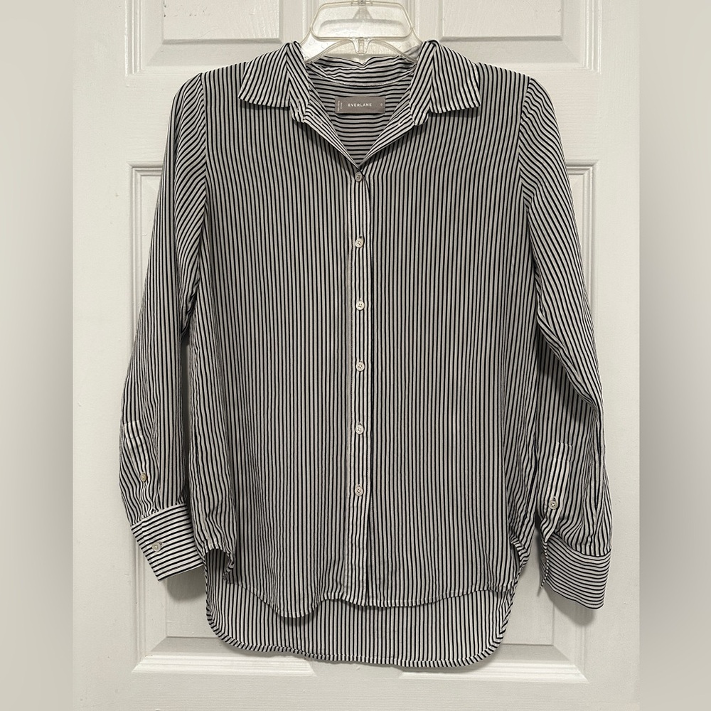 Everlane 100% Silk Blouse Striped Black White Long Sleeve Button Small Size 0